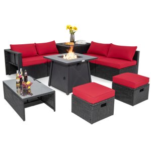 9 Piece Weatherproof Rattan Patio Conversation Set with 30 Inches Propane Fire Pit Table and Dust Covers