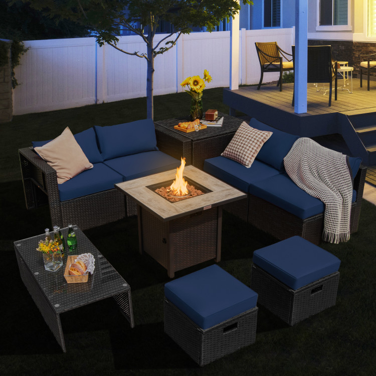 9 Pieces Outdoor PE Rattan Wicker Sectional Sofa with 42 Inch Gas Fire Pit Table - Image 2