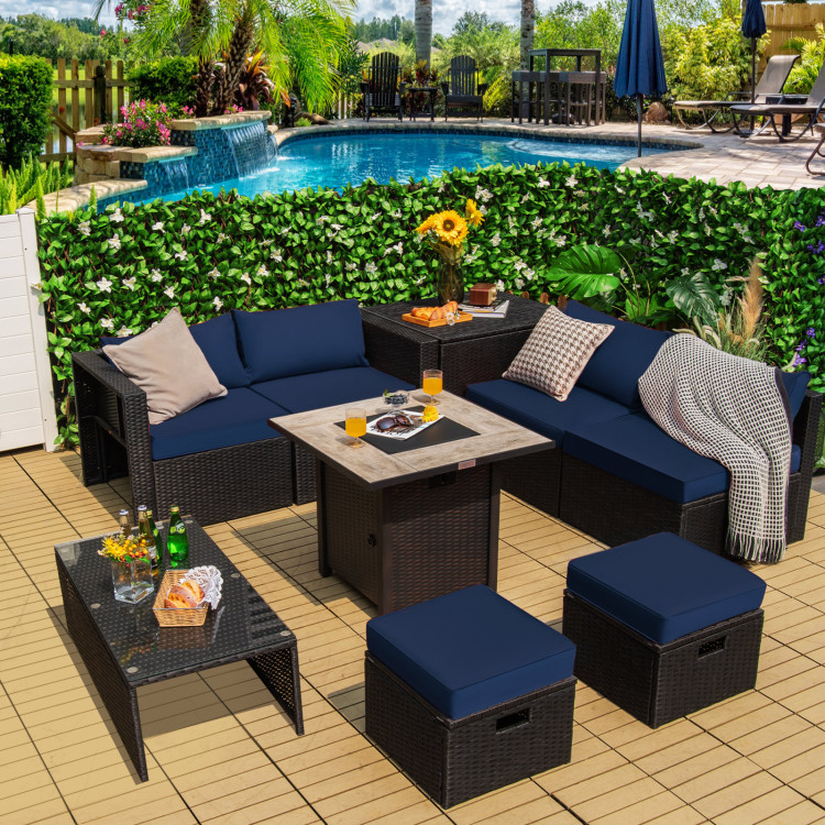 9 Pieces Outdoor PE Rattan Wicker Sectional Sofa with 42 Inch Gas Fire Pit Table - Image 3