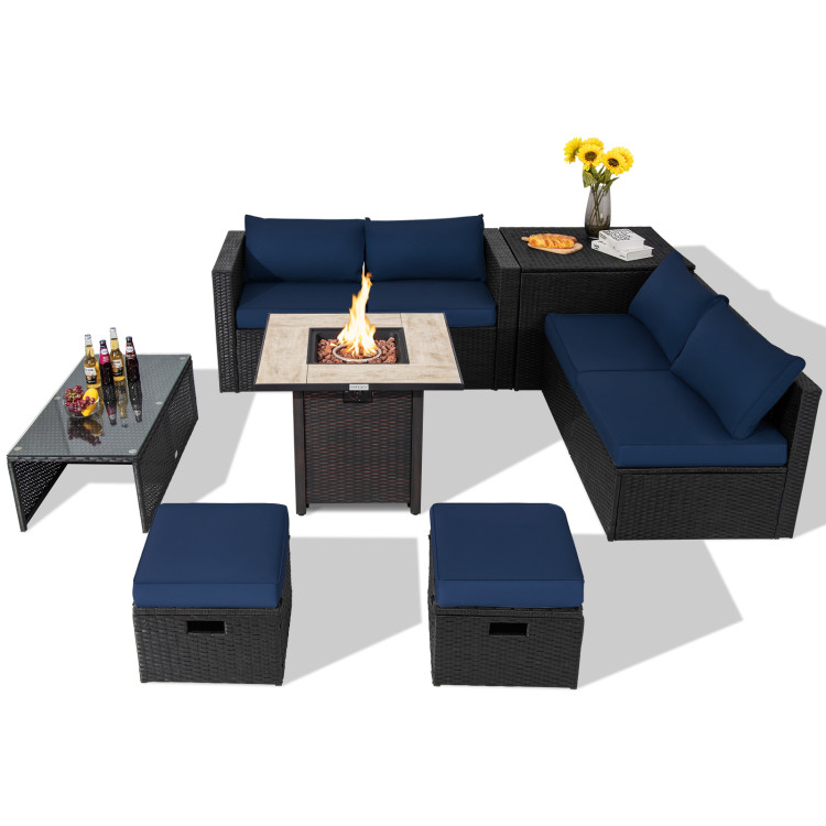 9 Pieces Outdoor PE Rattan Wicker Sectional Sofa with 42 Inch Gas Fire Pit Table