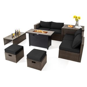 9 Pieces Outdoor Patio Furniture Set with 42 Inch Propane Fire Pit Table