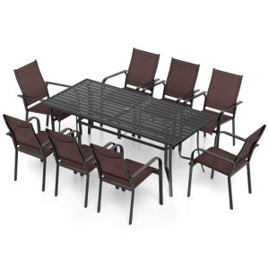 9 Pieces Patio Dining Set for 8 Stackable Chairs and Outdoor Rectangular Table