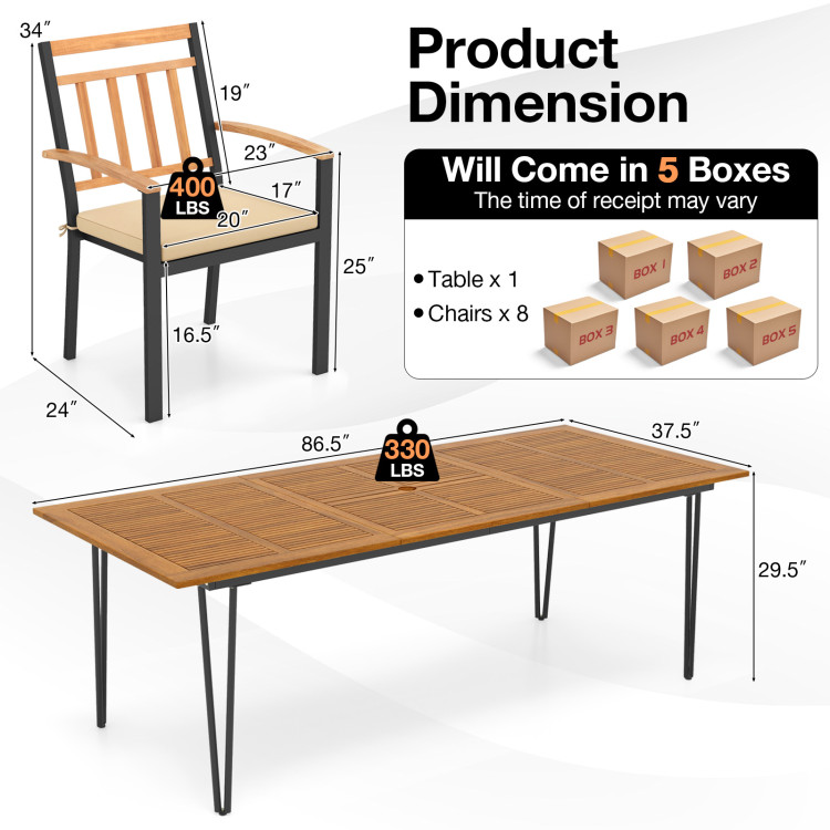 9 Pieces Patio Dining Outdoor Furniture Set with 8 Chairs and Umbrella Hole - Image 5