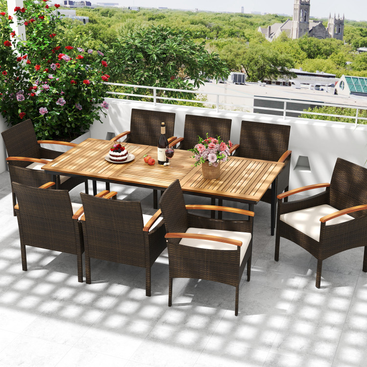 9 Pieces Patio PE Wicker Dining Set with Cushions and Umbrella Hole - Image 2