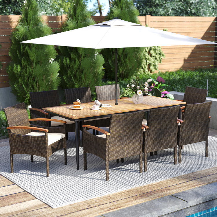 9 Pieces Patio PE Wicker Dining Set with Cushions and Umbrella Hole - Image 3
