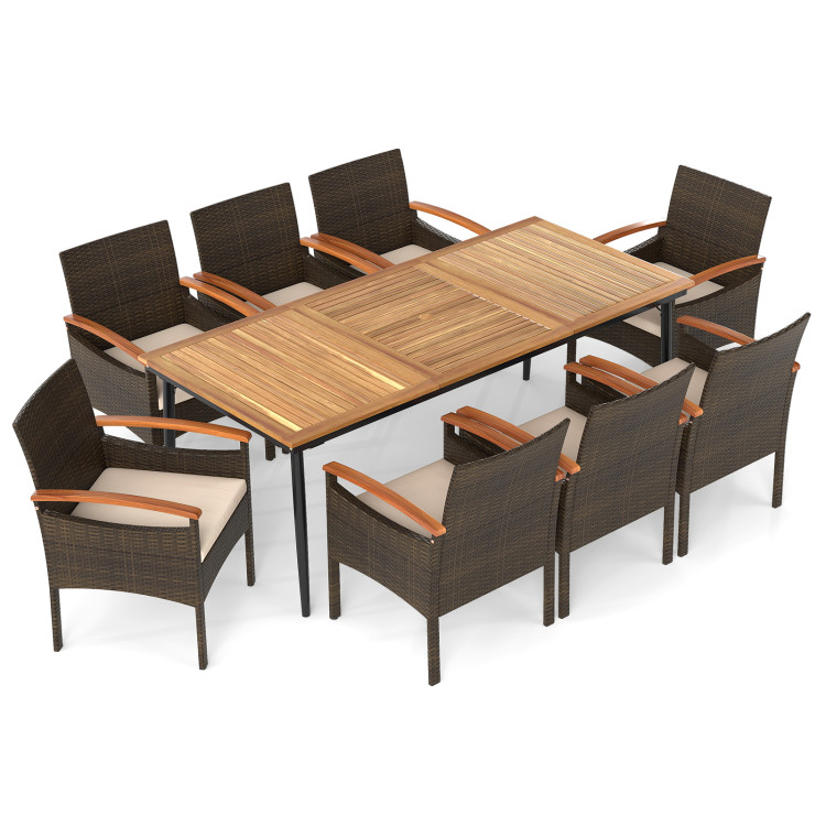 9 Pieces Patio PE Wicker Dining Set with Cushions and Umbrella Hole - Image 4