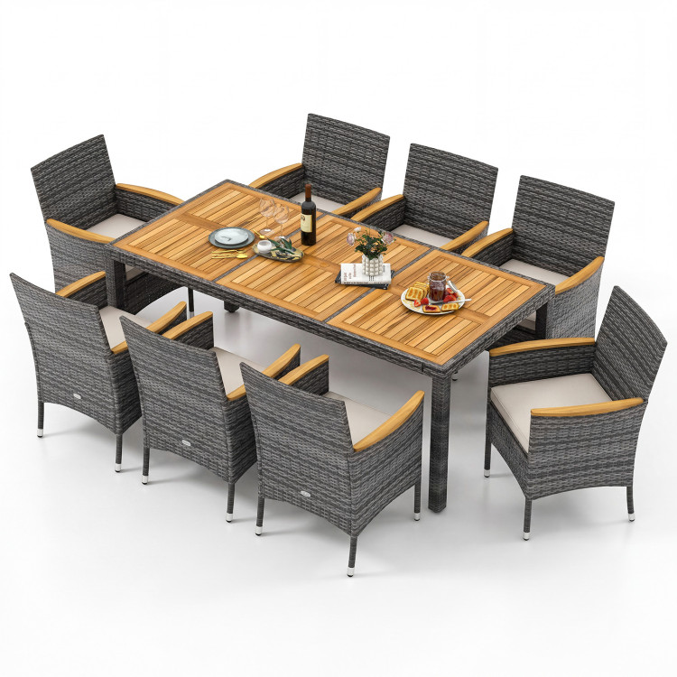 9 Pieces Rattan Patio Dining Set with Acacia Wood Table and Cushioned Chair - Image 4