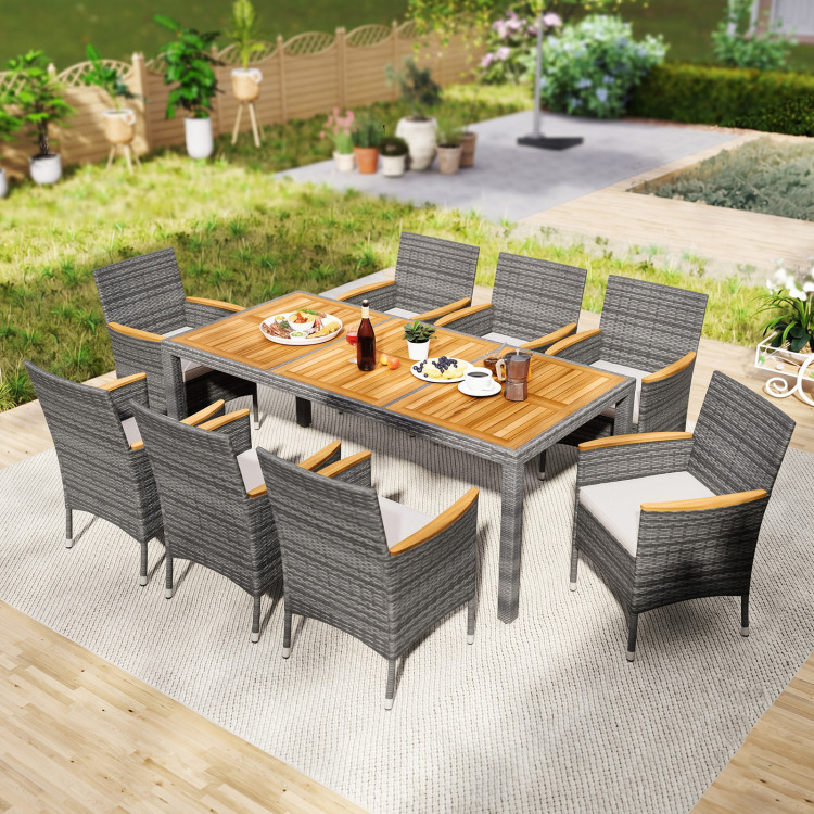 9 Pieces Rattan Patio Dining Set with Acacia Wood Table and Cushioned Chair - Image 2