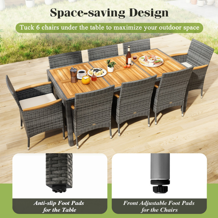 9 Pieces Rattan Patio Dining Set with Acacia Wood Table and Cushioned Chair - Image 10