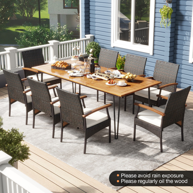 9 Pieces Outdoor Patio Dining Set with Acacia Wood Square Table and Umbrella Hole - Image 2