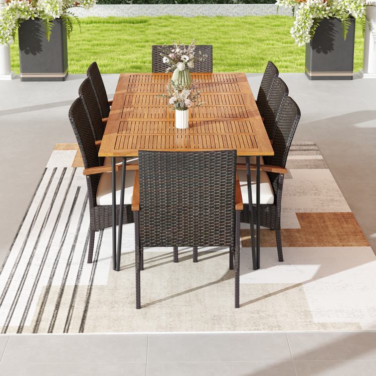 9 Pieces Outdoor Patio Dining Set with Acacia Wood Square Table and Umbrella Hole - Image 3