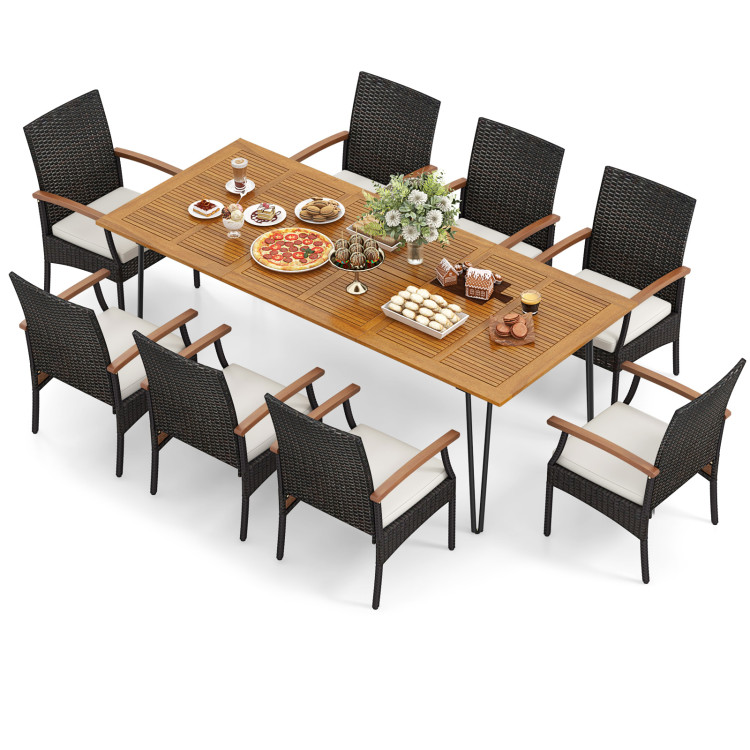 9 Pieces Outdoor Patio Dining Set with Acacia Wood Square Table and Umbrella Hole - Image 4