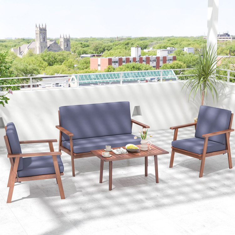 4 Piece Outdoor Acacia Wood Conversation Set with Soft Seat and Back Cushions - Image 2