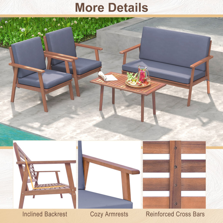 4 Piece Outdoor Acacia Wood Conversation Set with Soft Seat and Back Cushions - Image 10