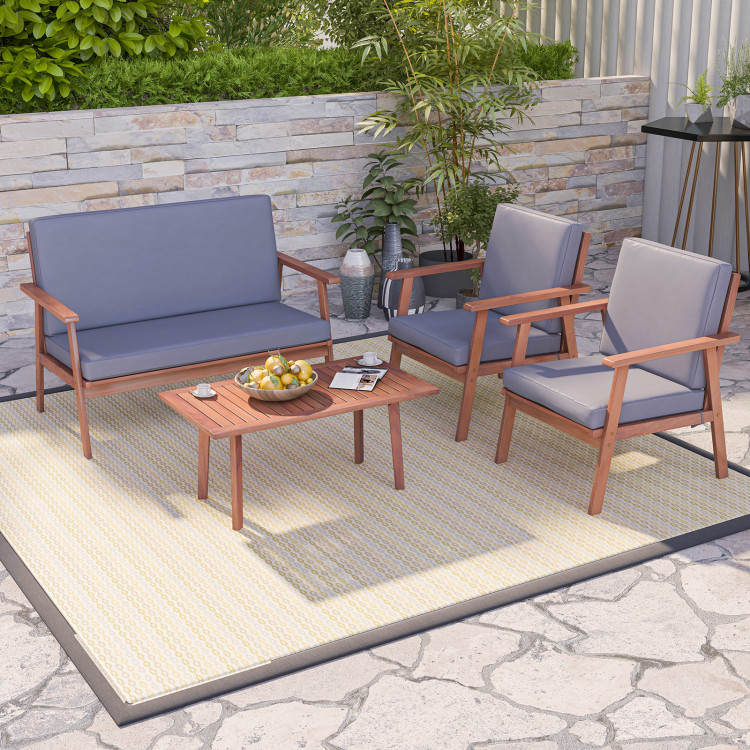 4 Piece Outdoor Acacia Wood Conversation Set with Soft Seat and Back Cushions - Image 3