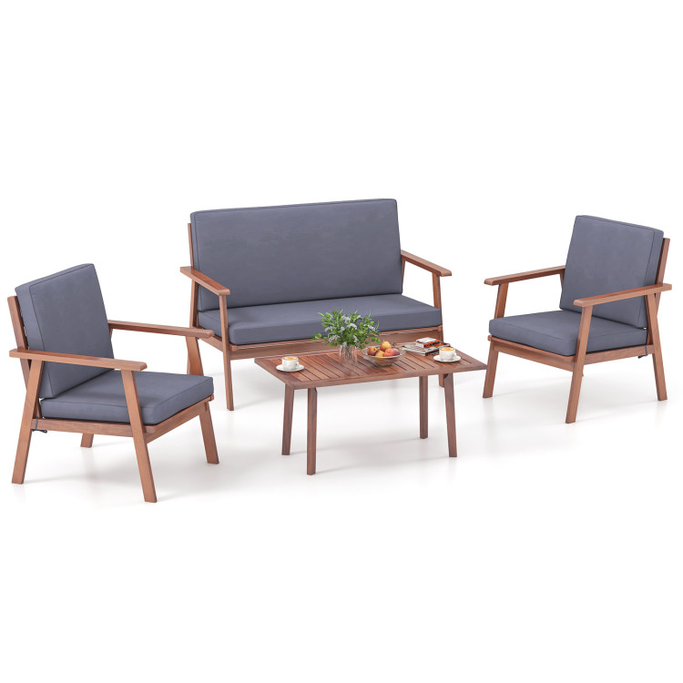 4 Piece Outdoor Acacia Wood Conversation Set with Soft Seat and Back Cushions - Image 4