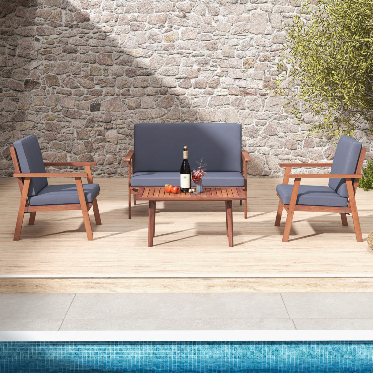 4 Piece Outdoor Acacia Wood Conversation Set with Soft Seat and Back Cushions - Image 6