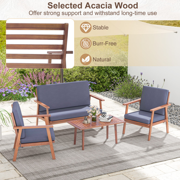4 Piece Outdoor Acacia Wood Conversation Set with Soft Seat and Back Cushions - Image 7