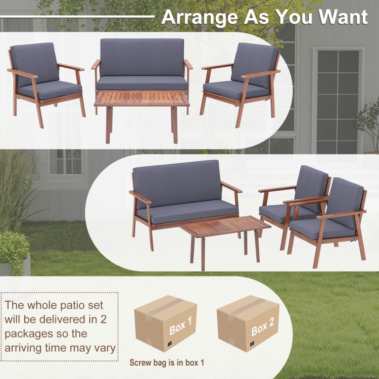 4 Piece Outdoor Acacia Wood Conversation Set with Soft Seat and Back Cushions - Image 9