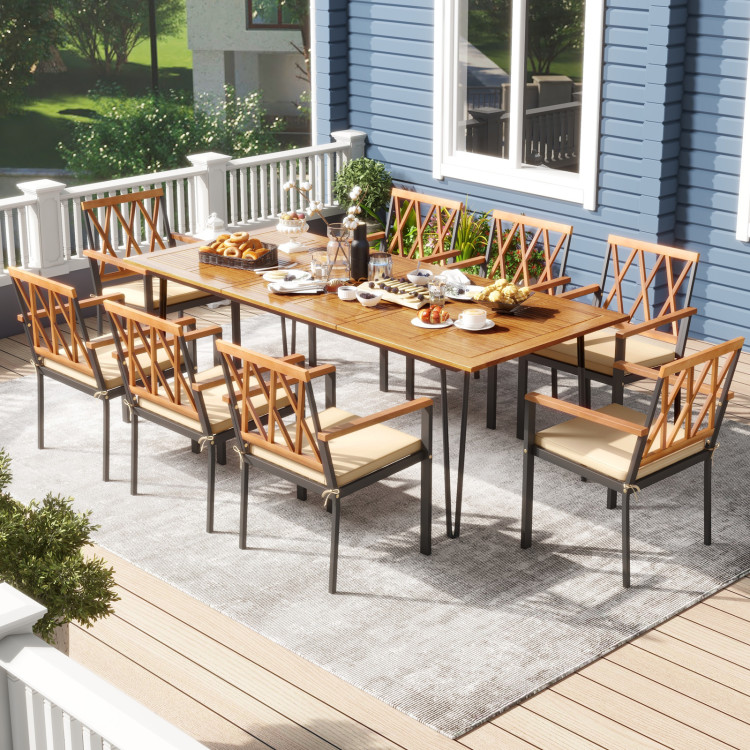 Acacia Wood Outdoor Furniture Set 9 Pieces Patio Dining Set with 8 Chairs - Image 2