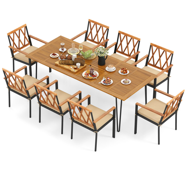 Acacia Wood Outdoor Furniture Set 9 Pieces Patio Dining Set with 8 Chairs - Image 4
