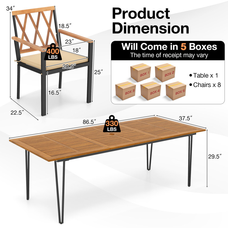Acacia Wood Outdoor Furniture Set 9 Pieces Patio Dining Set with 8 Chairs - Image 5