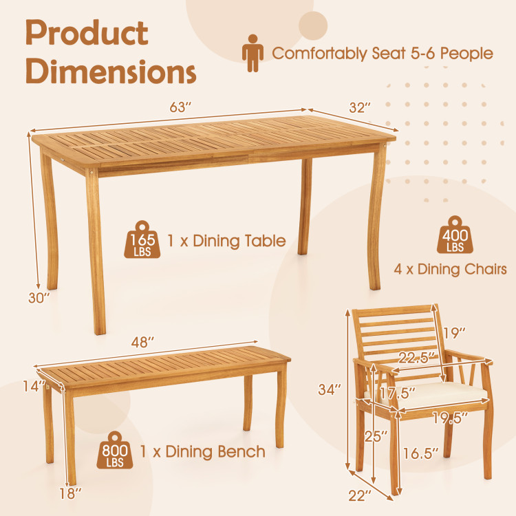 Acacia Wood Outdoor Table and Bench Chairs Set with 1.97 Inch Umbrella Hole - Image 4