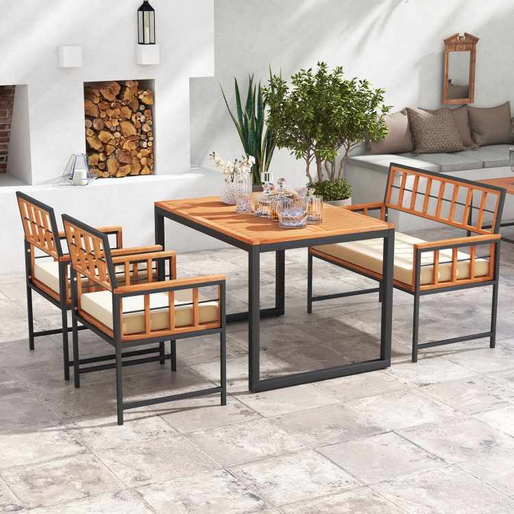 4 Pieces Acacia Wood Patio Dining Set with 1 Rectangular Table and Loveseat - Image 2