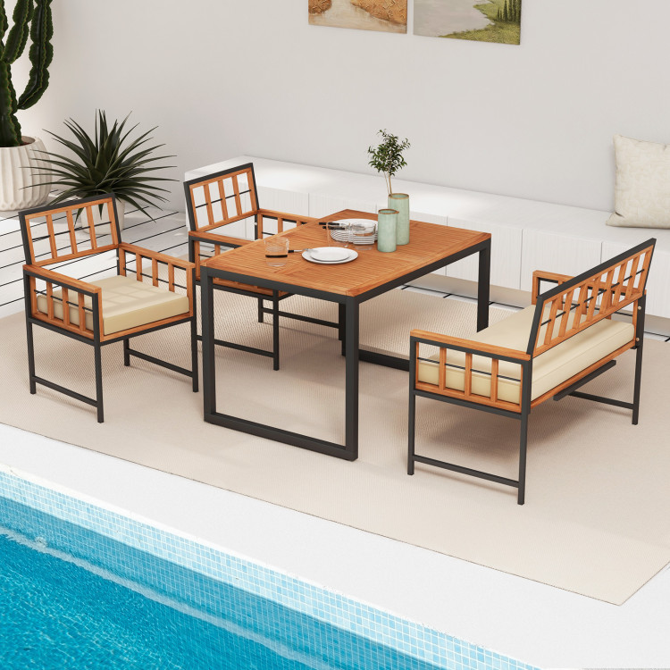 4 Pieces Acacia Wood Patio Dining Set with 1 Rectangular Table and Loveseat - Image 3