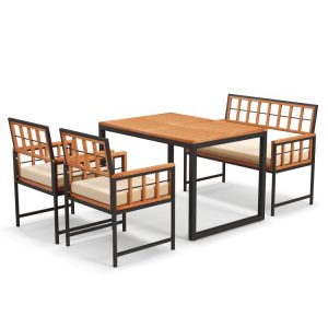 4 Pieces Acacia Wood Patio Dining Set with 1 Rectangular Table and Loveseat