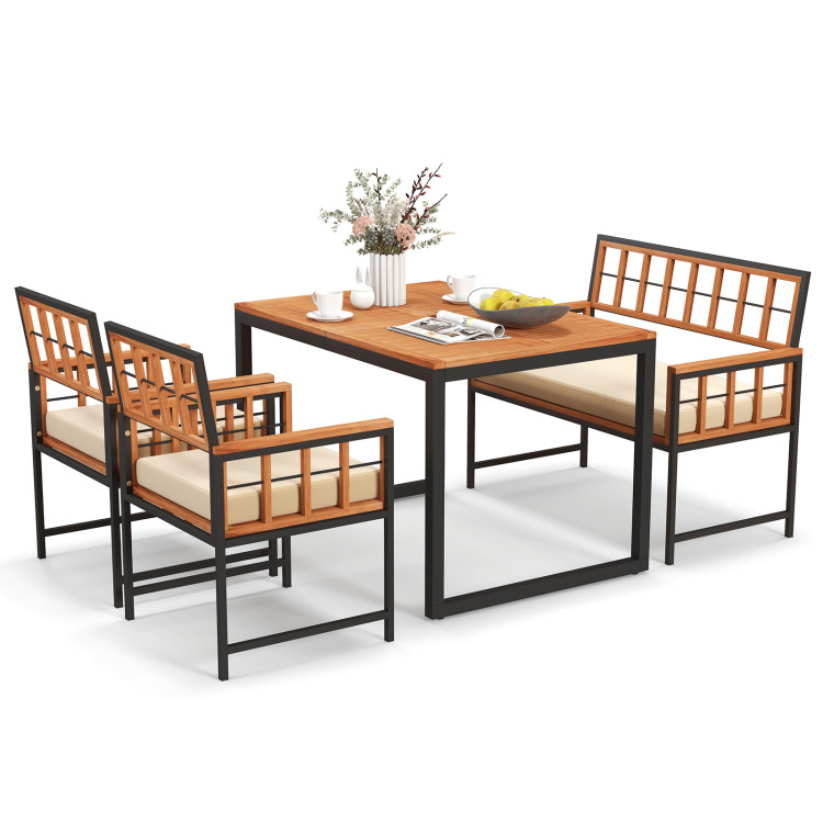 4 Pieces Acacia Wood Patio Dining Set with 1 Rectangular Table and Loveseat - Image 4