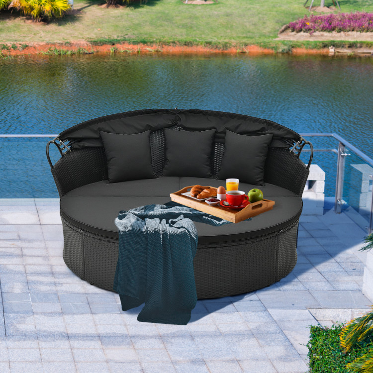 Clamshell Patio Round Daybed Wicker with Retractable Canopy and Pillows - Image 2