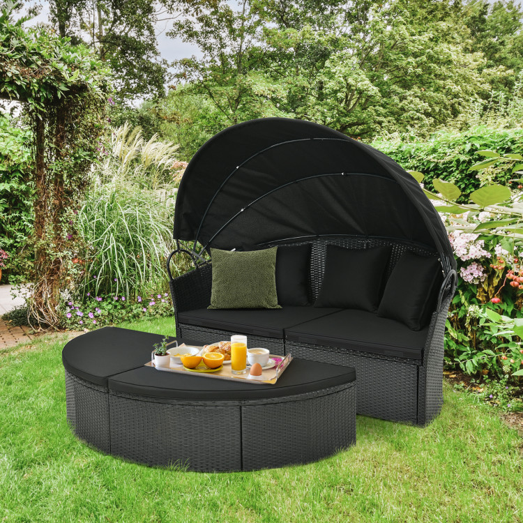 Clamshell Patio Round Daybed Wicker with Retractable Canopy and Pillows - Image 3