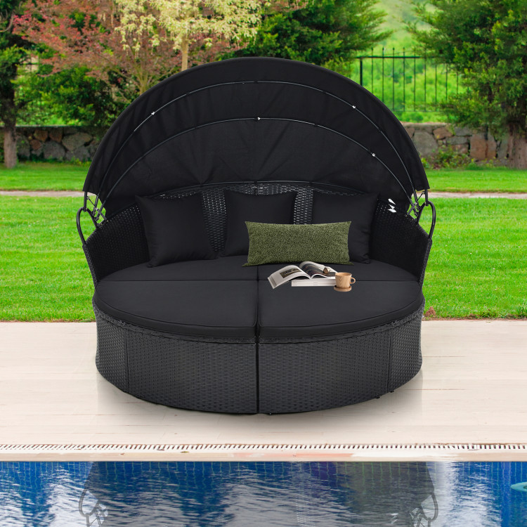 Clamshell Patio Round Daybed Wicker with Retractable Canopy and Pillows - Image 5