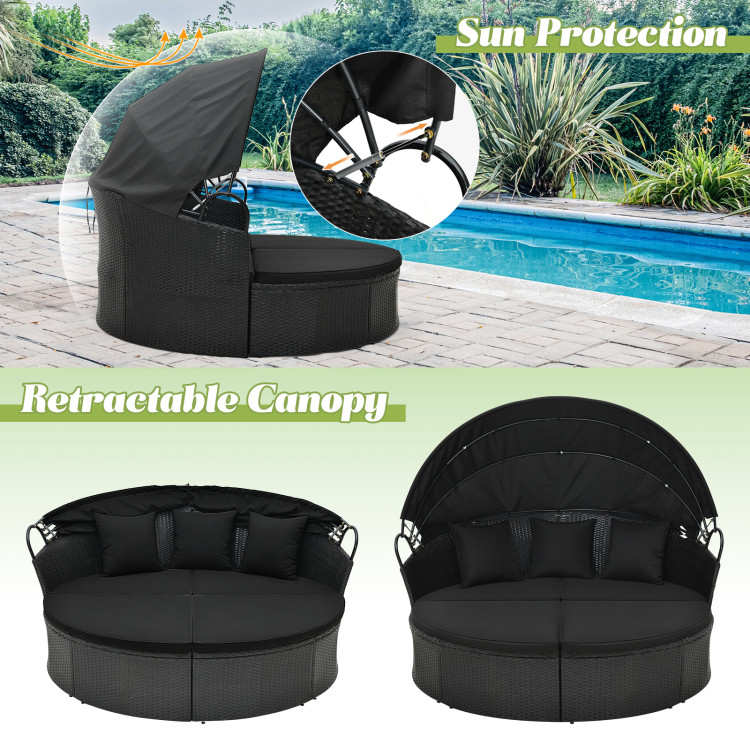 Clamshell Patio Round Daybed Wicker with Retractable Canopy and Pillows - Image 6