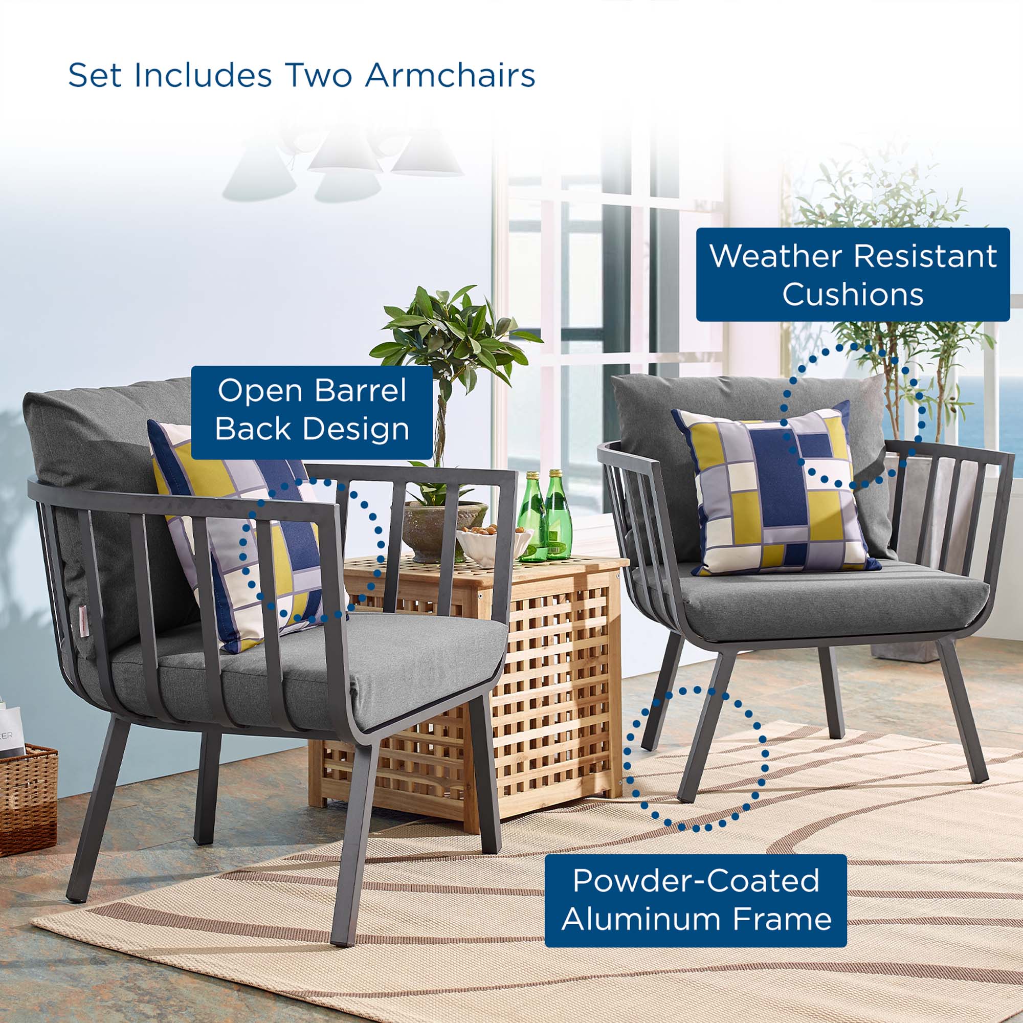 Riverside Outdoor Patio Aluminum Armchair Set of 2 - Image 3