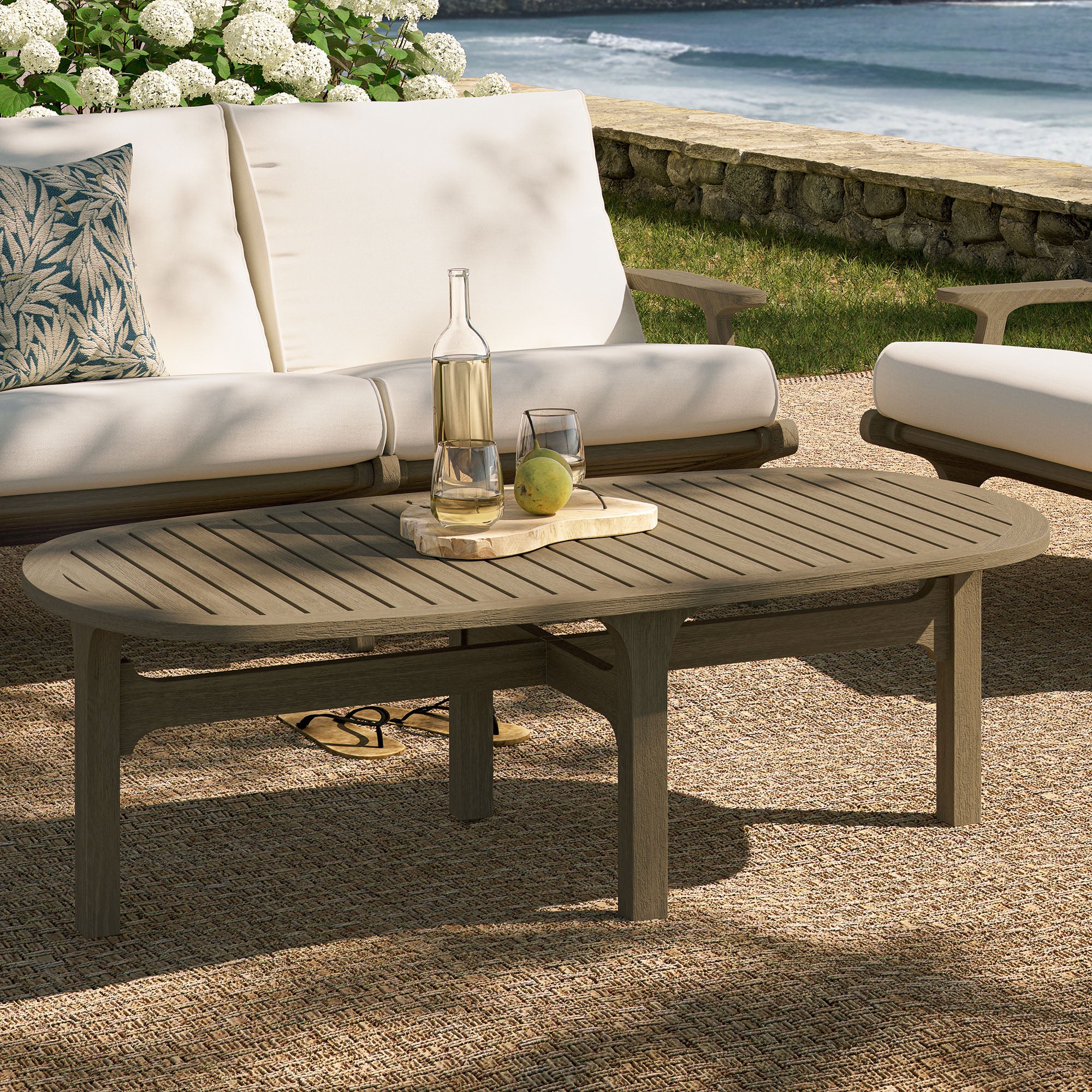Saratoga Oval Outdoor Patio Teak Wood Coffee Table - Image 2