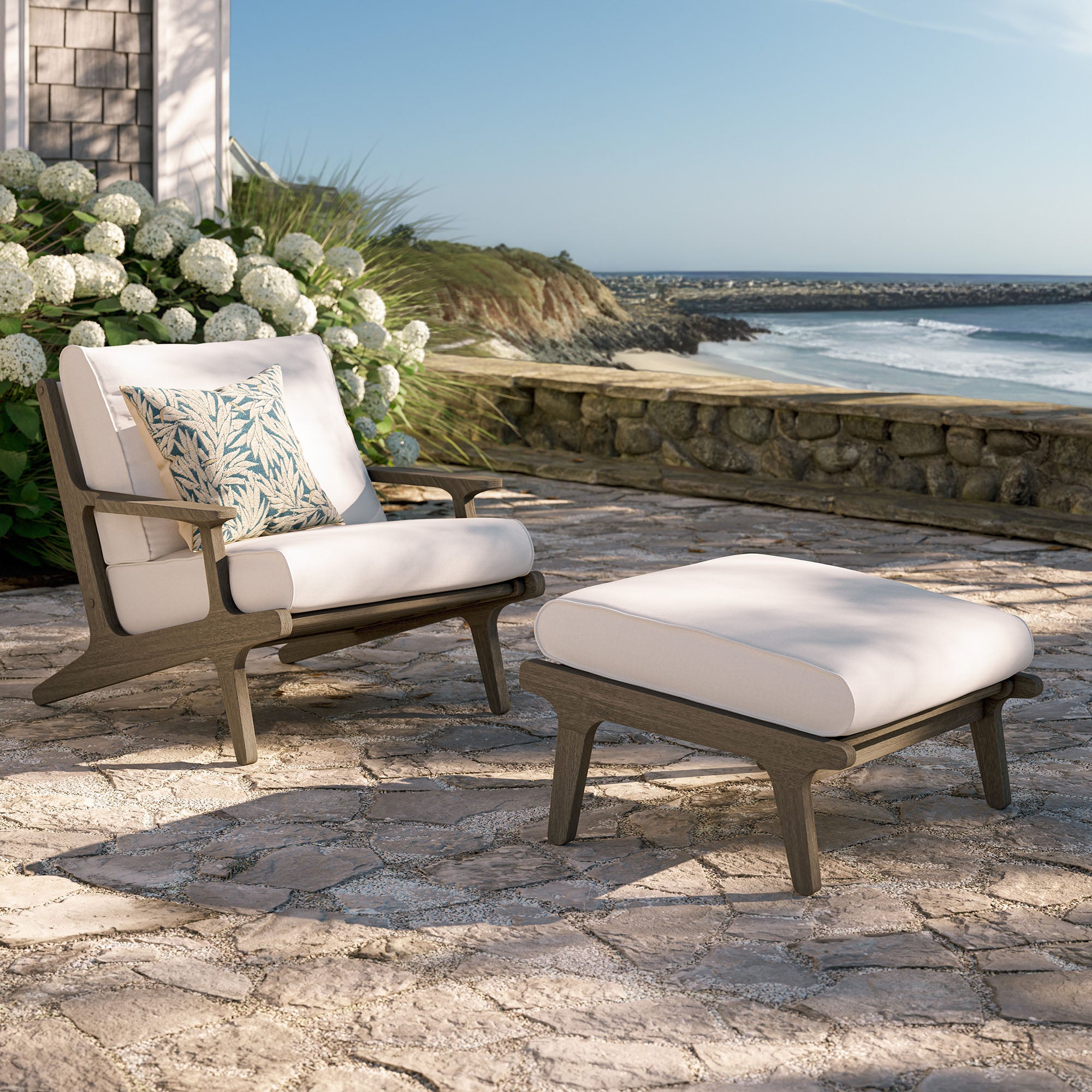 Saratoga Outdoor Teak Wood Chair and Ottoman Set - Image 2