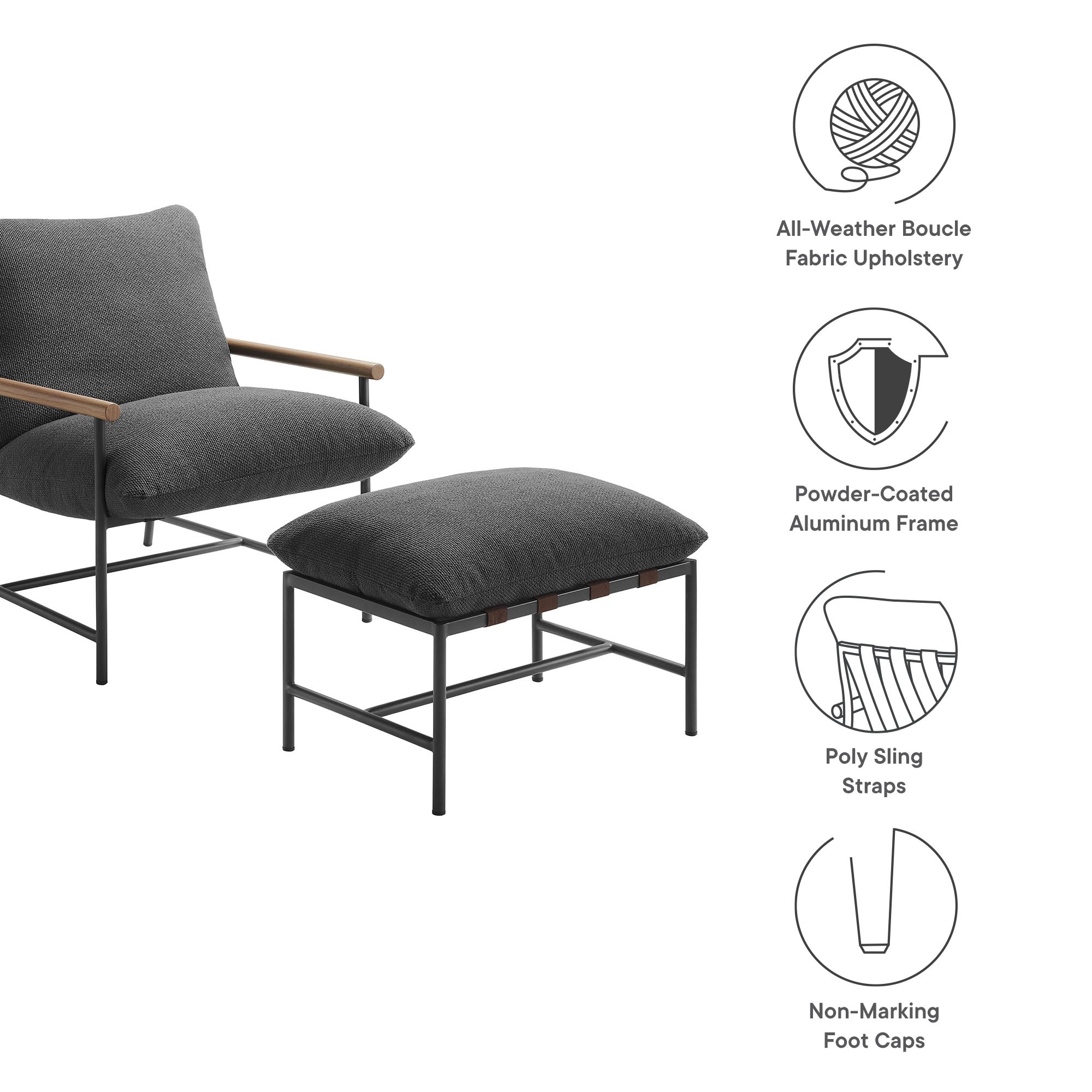 Raya Outdoor Patio Boucle Lounge Chair and Ottoman - Image 3