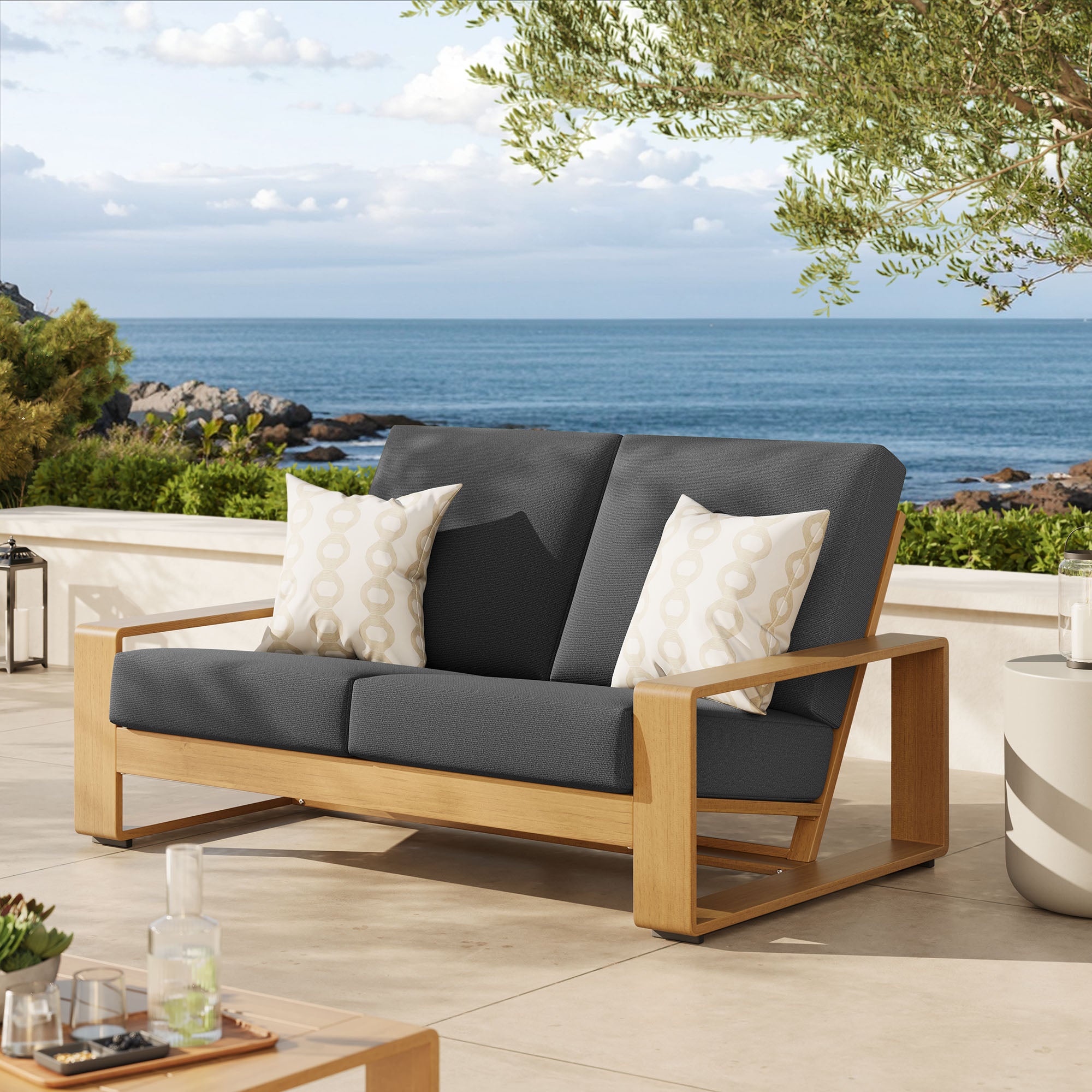 Lirienne Outdoor Patio Aluminum Faux Wood Loveseat - Image 10