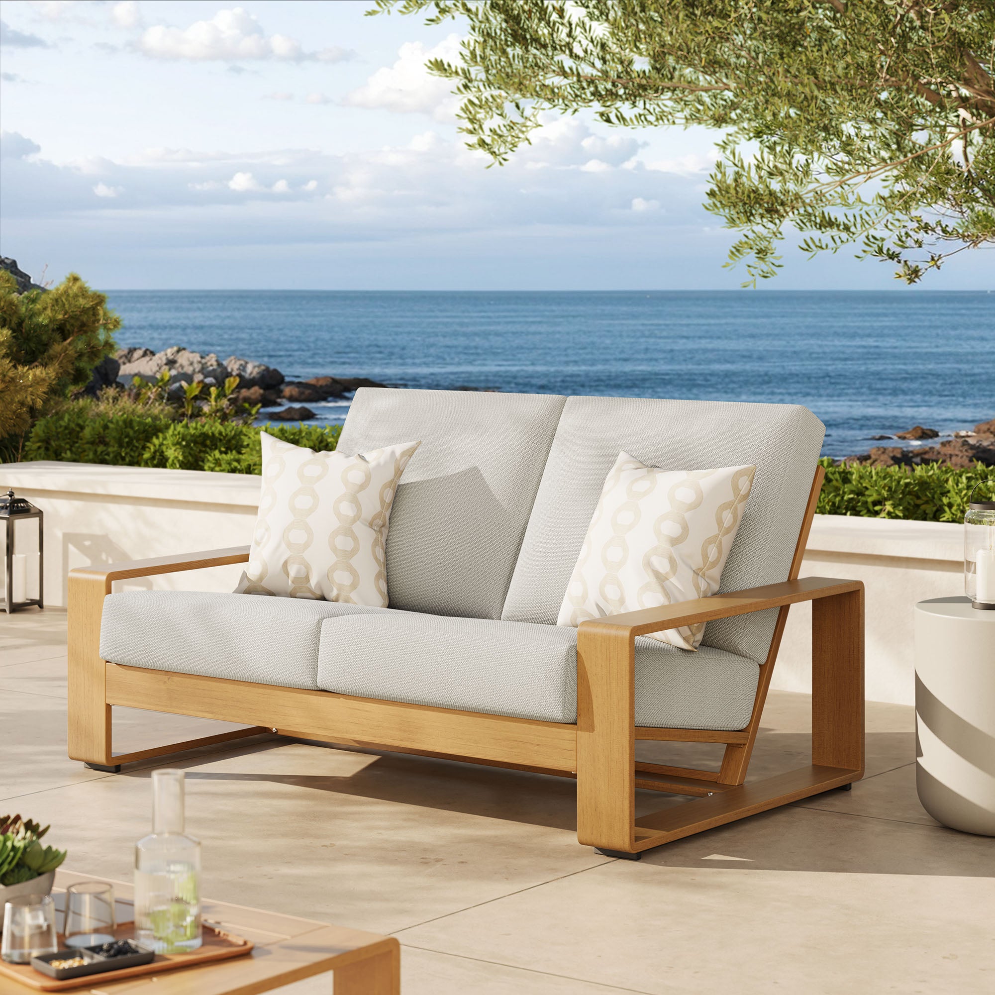 Lirienne Outdoor Patio Aluminum Faux Wood Loveseat - Image 2