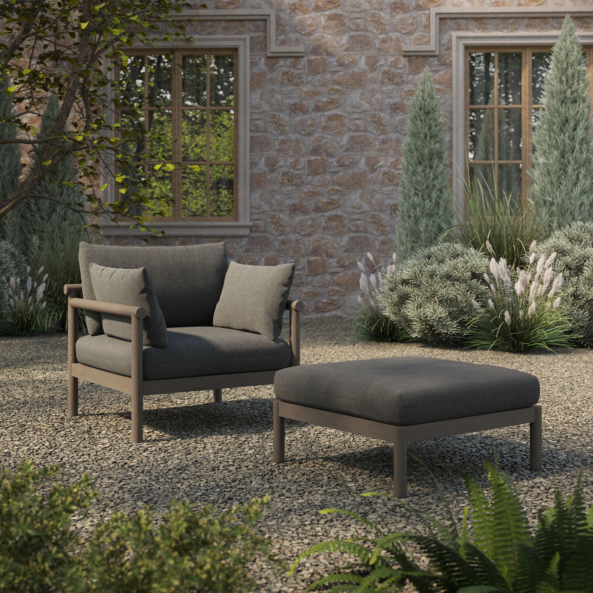 Eleni 2-Piece Outdoor Teak Wood Armchair and Ottoman Set - Image 2