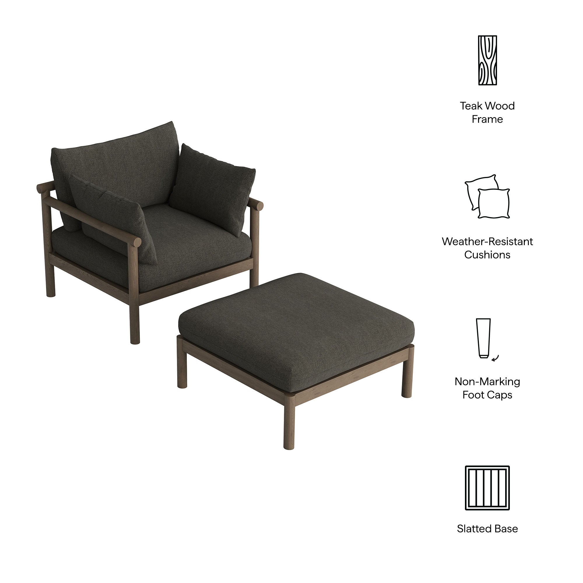 Eleni 2-Piece Outdoor Teak Wood Armchair and Ottoman Set - Image 3