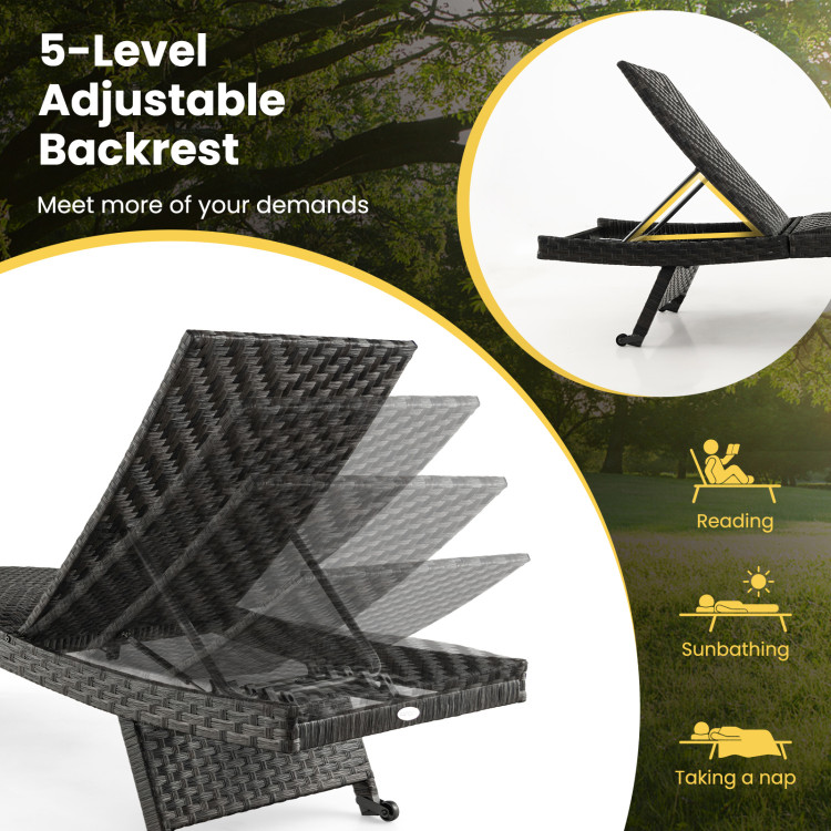Folding Padded Rattan Patio Chaise Lounge with Adjustable Backrest Set of 2 - Image 6