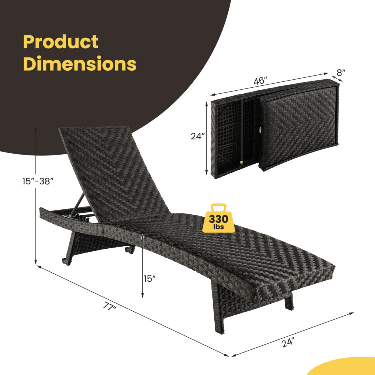 Folding Padded Rattan Patio Chaise Lounge with Adjustable Backrest Set of 2 - Image 4