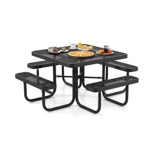 Square Picnic Table and Bench for 8 Person with Seats and Umbrella Hole