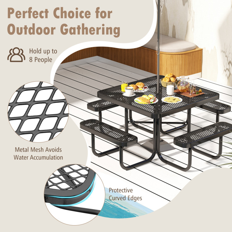 Square Picnic Table and Bench for 8 Person with Seats and Umbrella Hole - Image 8