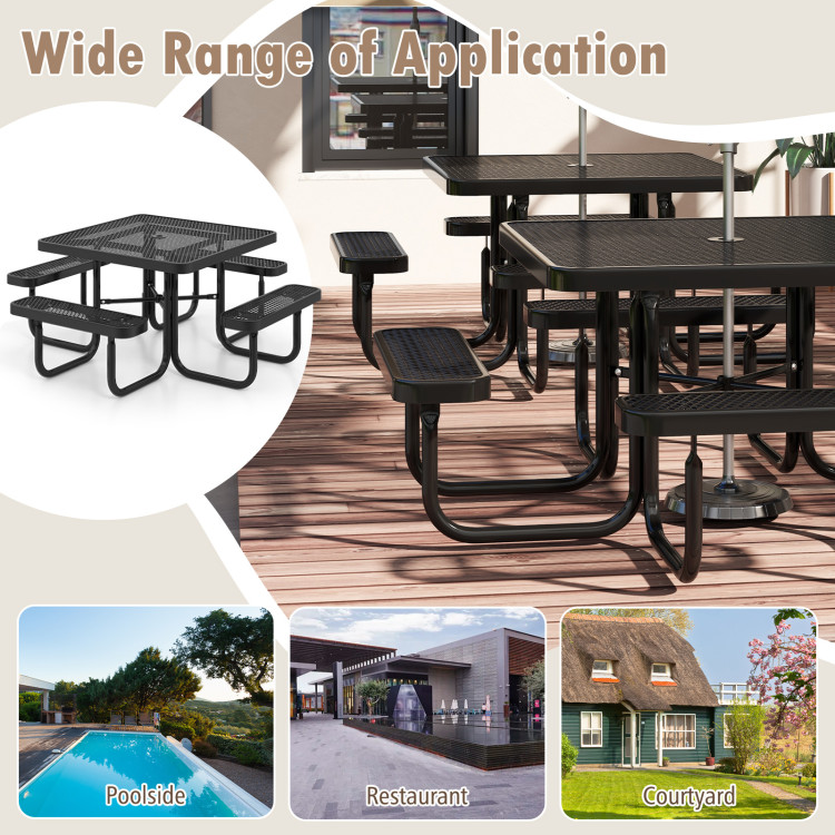 Square Picnic Table and Bench for 8 Person with Seats and Umbrella Hole - Image 9