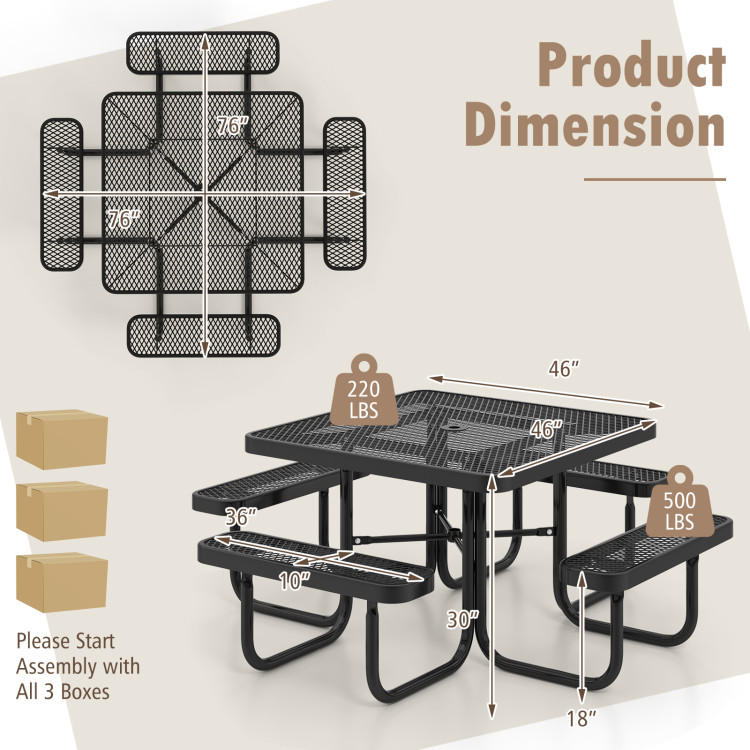 Square Picnic Table and Bench for 8 Person with Seats and Umbrella Hole - Image 5