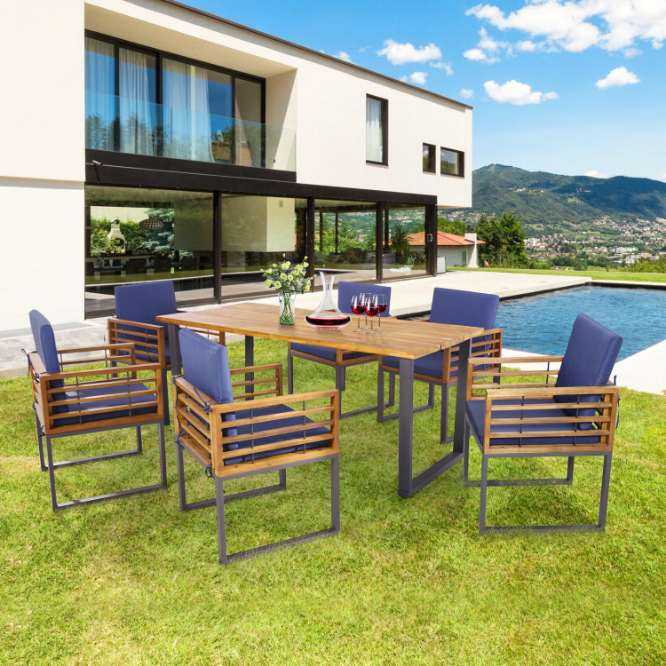 Outdoor Acacia Wood Patio Dining Chairs Set of 6 with Seat Back Cushions - Image 3